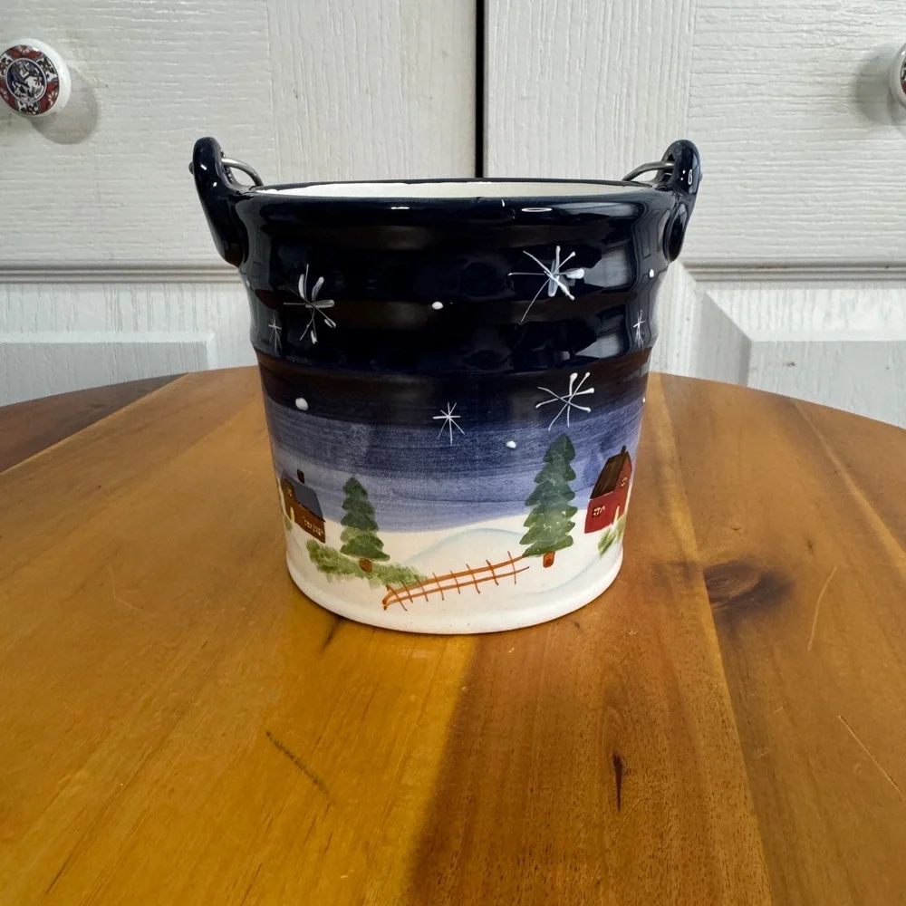 Vintage hand painted snowman barn Christmas tree‎ bucket pale